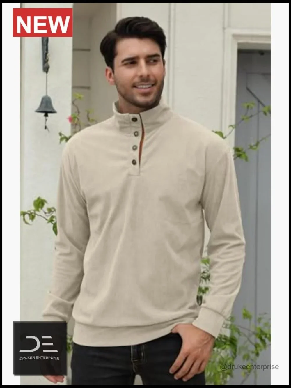 Corduroy Long Sleeve Button-Down Shirt Stand Collar Pullover Sweater Men's